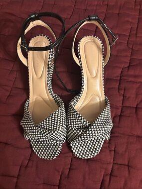 Adrienne Vittadini Black and White Woven Ankle-Strap Heels